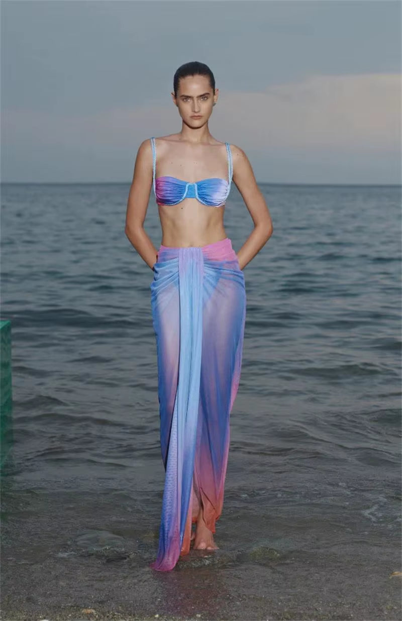 2025 New Gradient 3 Pieces Bikini Sexy Women Swimsuit Swimwear Female Long Dress Cover up Bikini Set Beachwear Bathing Suit