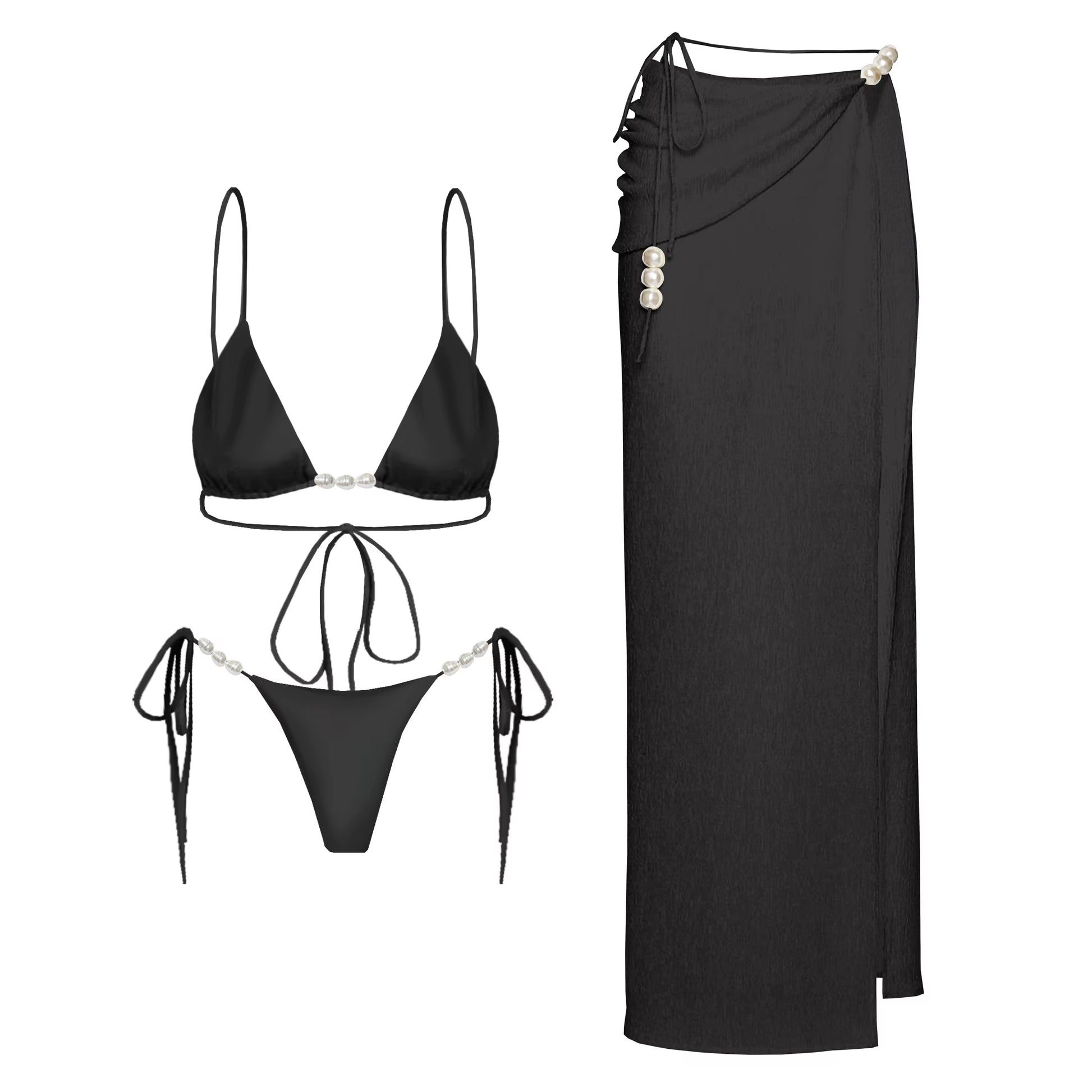 🖤 ZAFIRA NOIR PERLA – Ensemble 3 pièces noir perlé & paréo fendu

L’ensemble ZAFIRA NOIR PERLA incarne une beauté sans effort, inspirée des icônes de la Riviera. Un triangle noir profond souligné de perles nacrées, accompagné d’un paréo fluide fendu qui sublime chaque mouvement. Le charme de la simplicité, avec le détail qui change tout.
✨ Détails :
Haut triangle noir avec perles nacrées (centrées sur la poitrine) Bas à nouer sur les hanches avec perles élégantes Paré fend, taille haute, décor perlé sur le