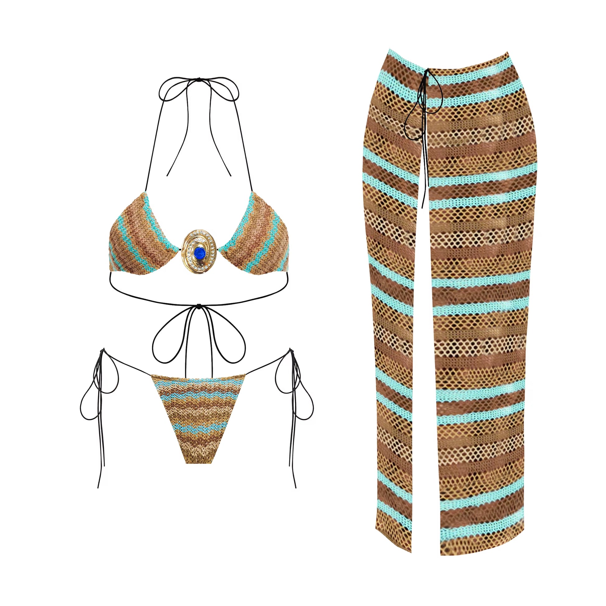 🌞 ZAFIRA SOLÈNE – Ensemble 3 pièces crochet & bijou solaire
Liberté, chaleur et sensualité dans un seul regard.
Inspiré des paysages du sud, ZAFIRA SOLÈNE mêle l’authenticité du crochet à la lumière d’un bijou central bleu profond. Un ensemble parfait pour danser au soleil, rêver sur le sable, et rayonner sans effort.
✨ Détails :
Haut crocheté avec bijou central
Bas triangle à liens réglables
Pantalon assorti style bohème chic
Tissu léger, texturé, doux sur la peau
