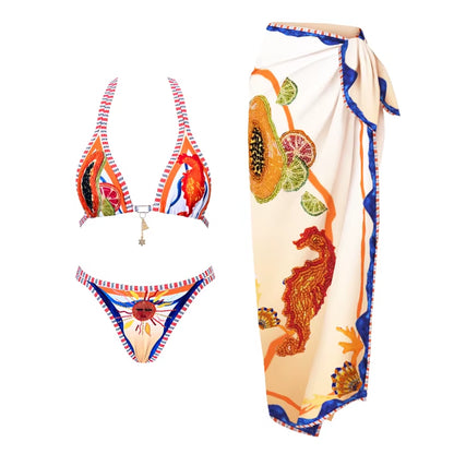 2025 New High Quality Elegant One Piece Swimsuit and Skirt Print Deep-V Lace-Up Women Bikini Set Swimwear Party Bathing Suit